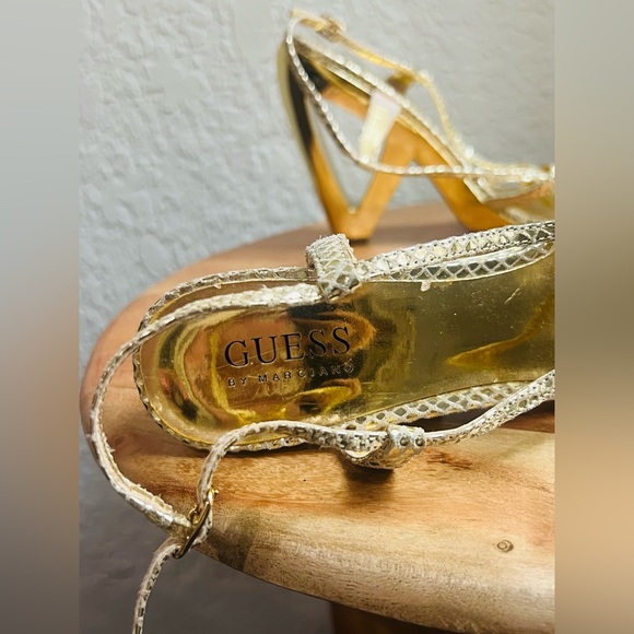 GUESS BY MARCIANO GOLD SNAKESKIN HIGH HEEL SANDALS. ARCHITECTURAL HEEL size 5.5 - Picture 6 of 10
